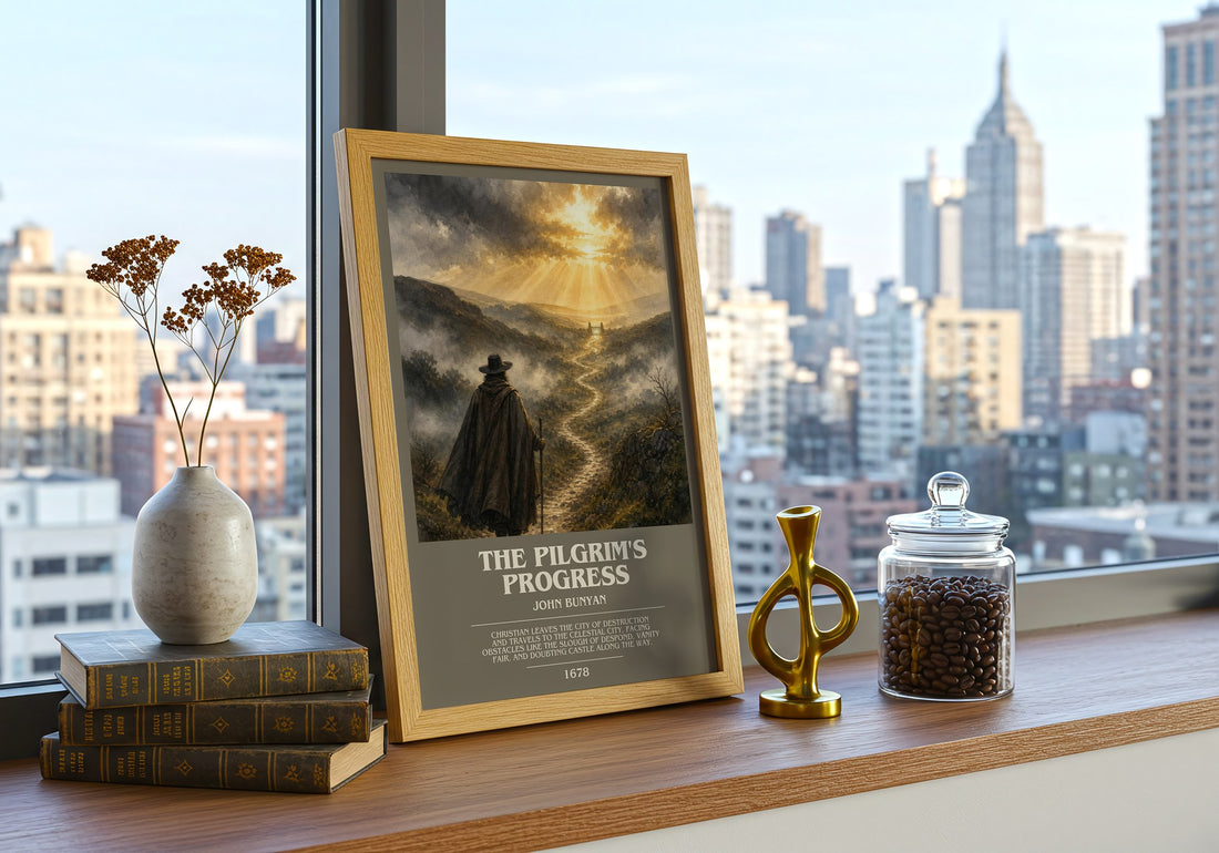 The Pilgrim's Progress bookish print framed by window – literary home decor