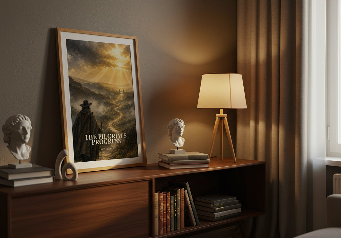 The Pilgrim's Progress watercolour print on bookshelf – John Bunyan fan gift