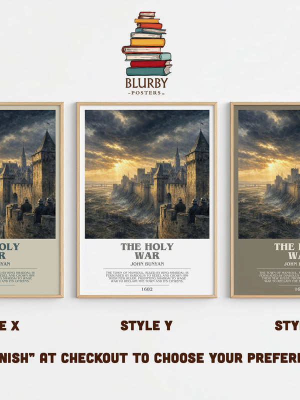 The holy war bookish print in frame leaning in hallway – classic literature wall art