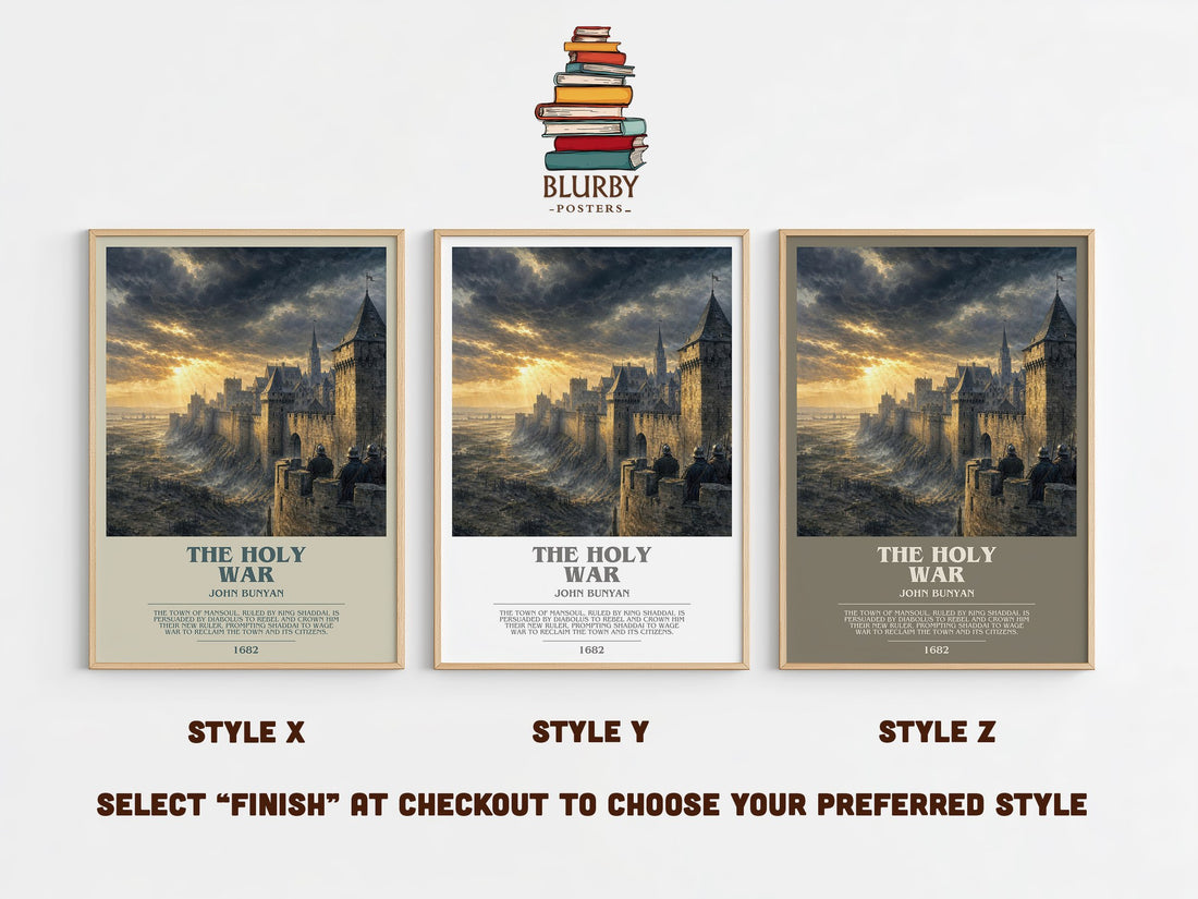 The holy war bookish print in frame leaning in hallway – classic literature wall art (mockup)
