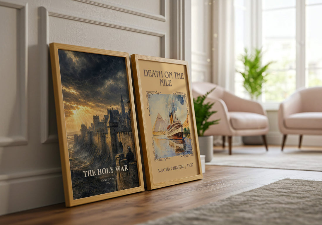 The holy war watercolour print framed by window – literary home decor