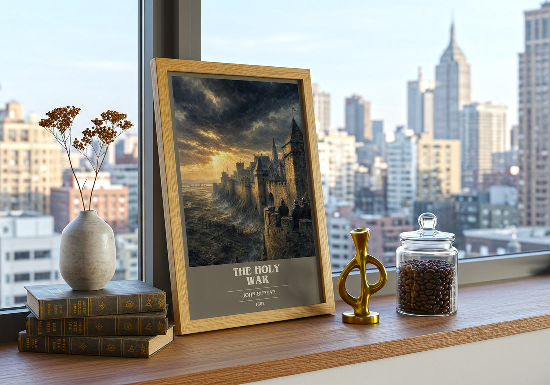 The holy war book cover print framed by window – literary home decor