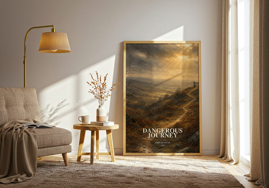 Dangerous journey watercolour print in frame leaning in hallway – classic literature wall art
