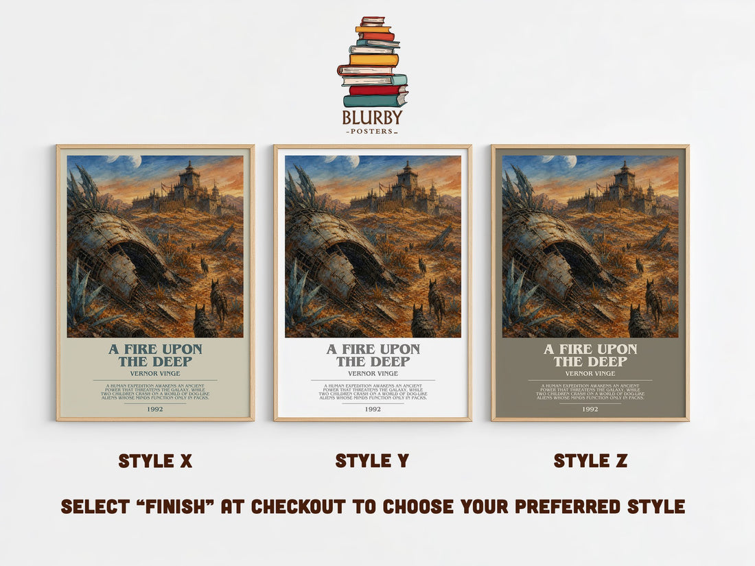 A Fire upon the Deep bookish print in frame leaning in hallway – sci fi wall art (mockup)