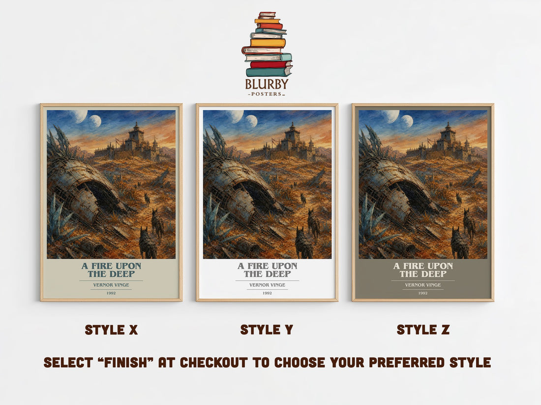 A Fire upon the Deep book cover print in frame leaning in hallway – sci fi wall art (mockup)