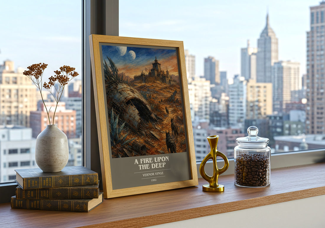 A Fire upon the Deep book cover print framed by window – literary home decor