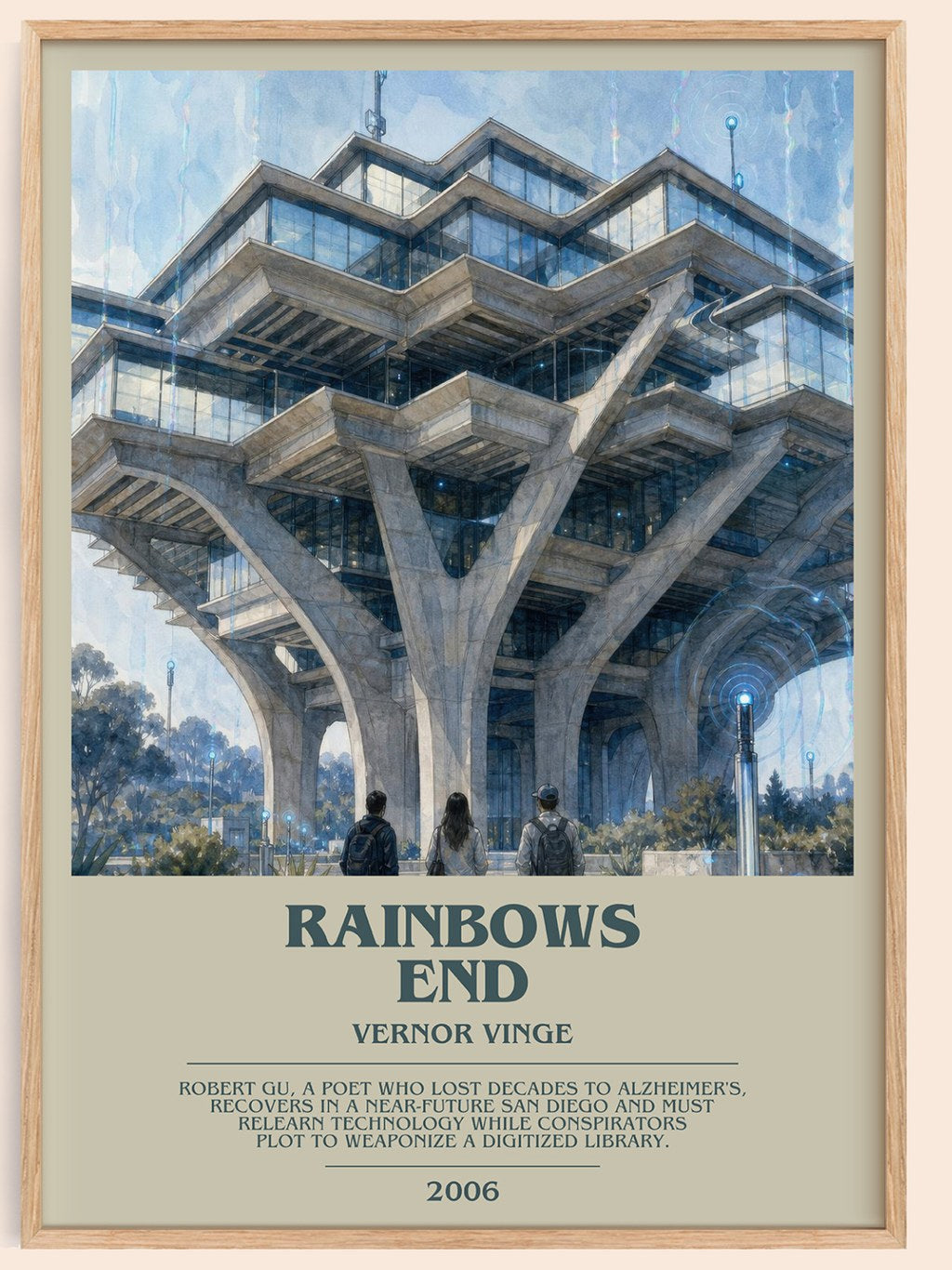 Rainbows End bookish book poster by Vernor Vinge – framed literary art print