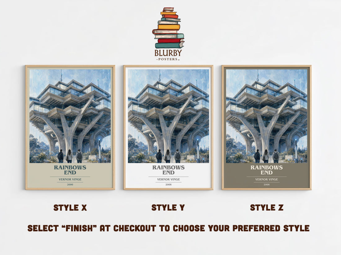 Rainbows End book cover print in frame leaning in hallway – sci fi wall art (mockup)