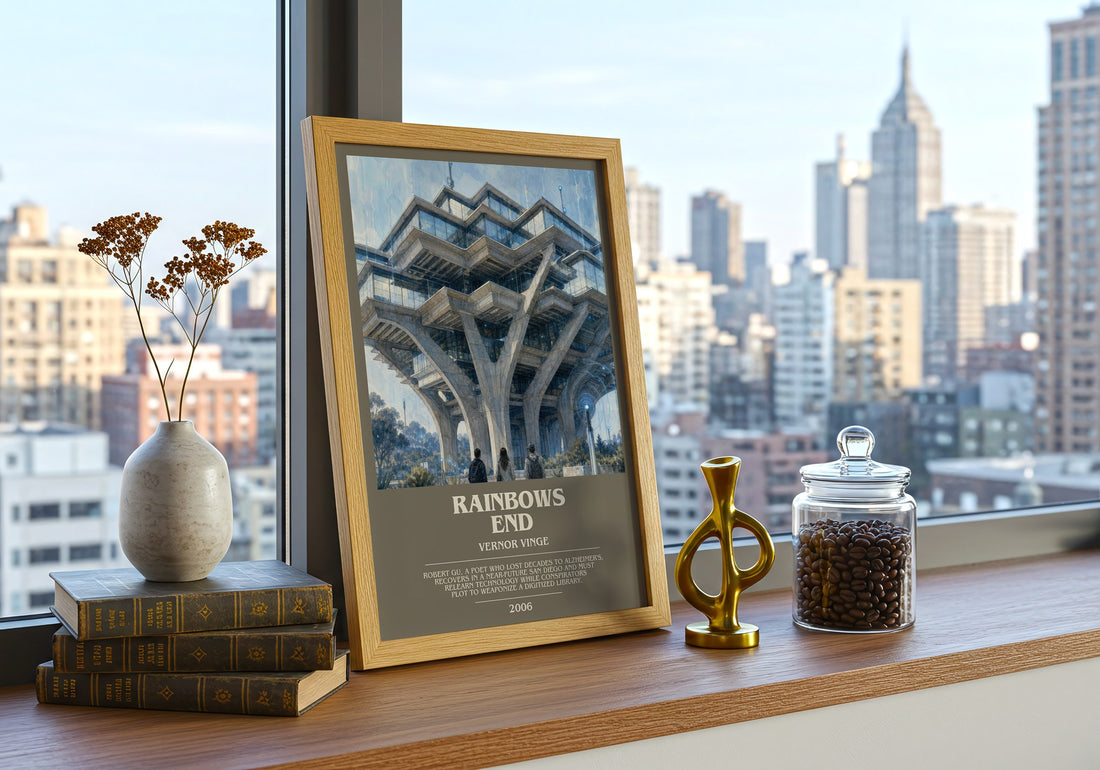 Rainbows End bookish print framed by window – literary home decor