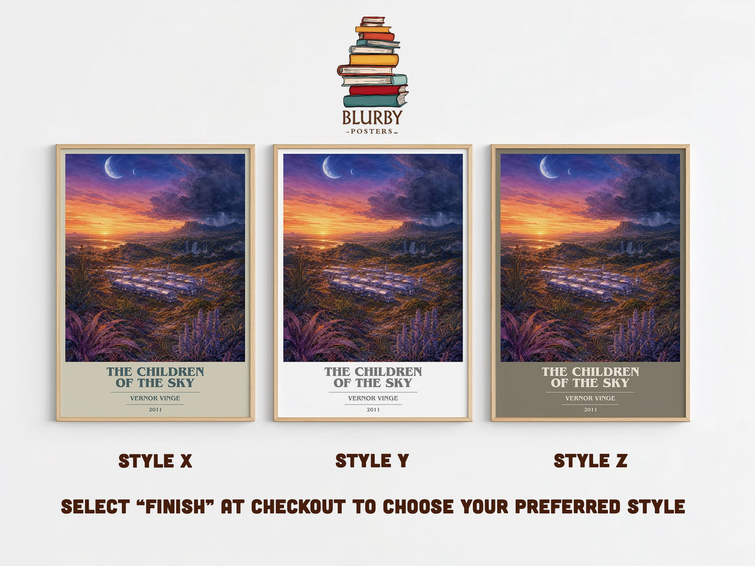The children of the sky book cover print in frame leaning in hallway – sci fi wall art (mockup)