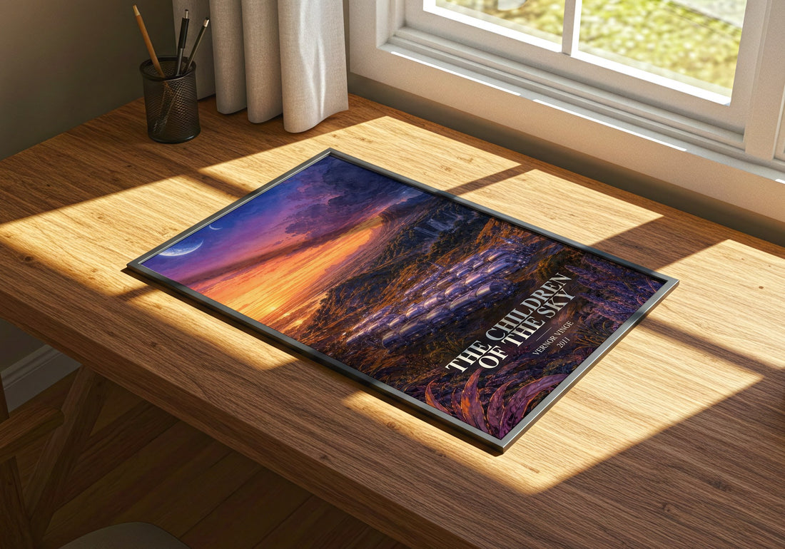 The children of the sky watercolour book poster framed on wall – sci fi wall art
