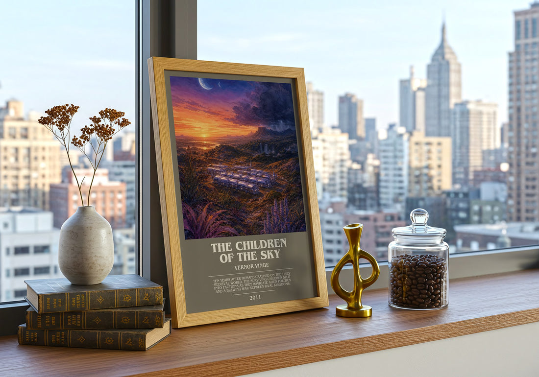 The children of the sky bookish print framed by window – literary home decor