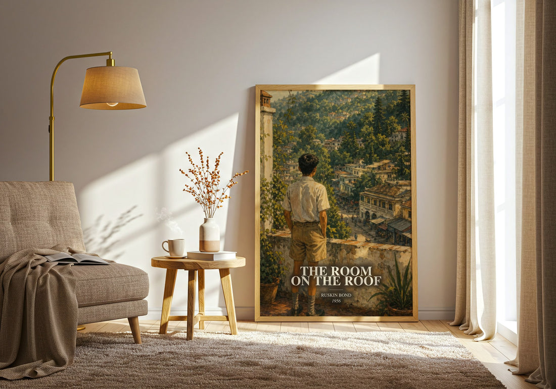 The Room On The Roof watercolour print in frame leaning in hallway – coming of age wall art