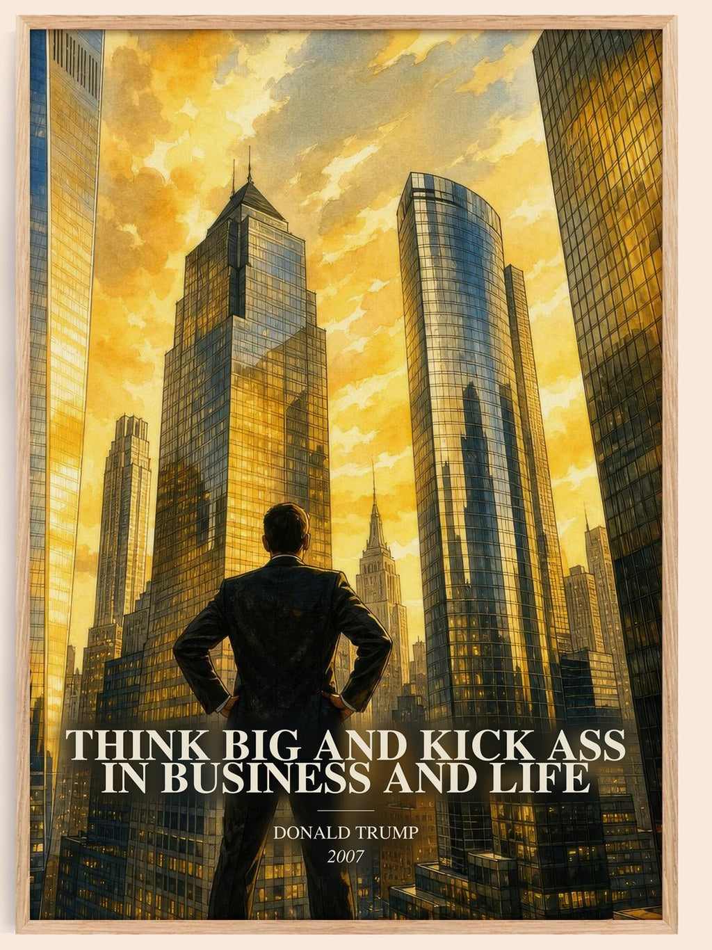 Think big and kick ass in business and life watercolour book poster by Donald Trump – framed literary art print