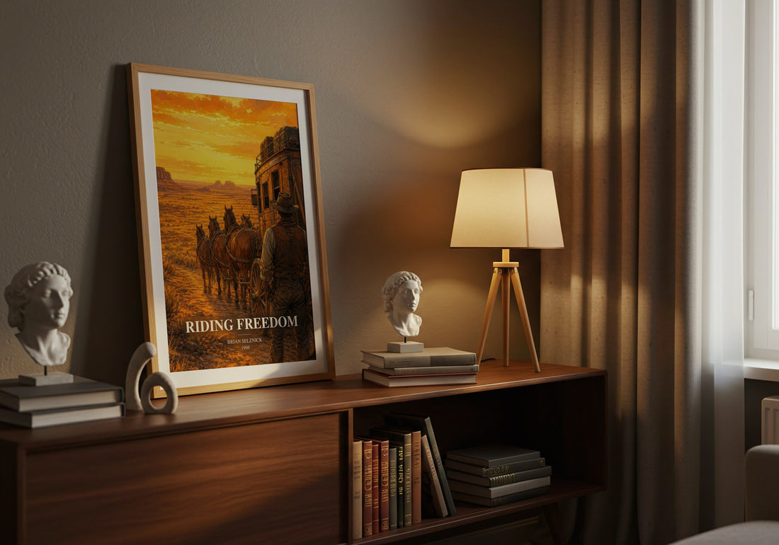 Riding Freedom watercolour print on bookshelf – Brian Selznick fan gift