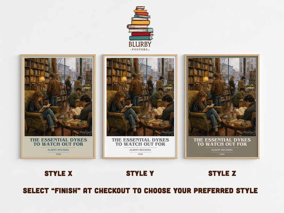 The Essential Dykes to Watch Out For book cover print in frame leaning in hallway – non fiction wall art (mockup)