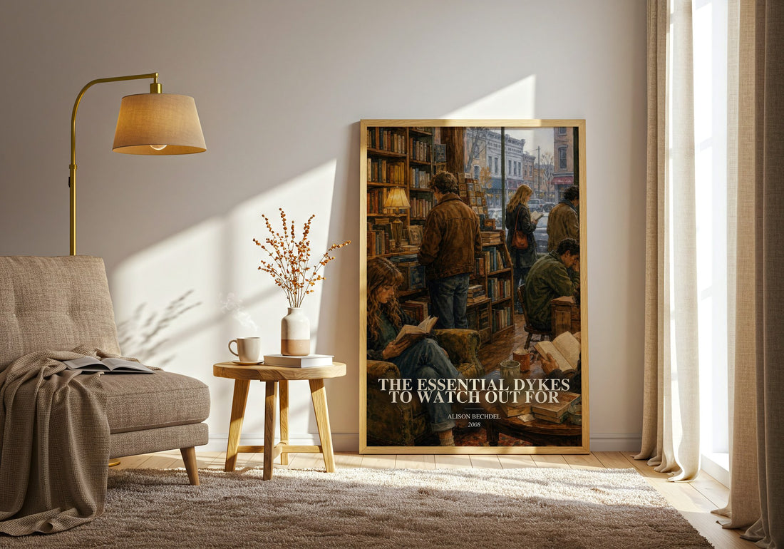 The Essential Dykes to Watch Out For watercolour print in frame leaning in hallway – non fiction wall art
