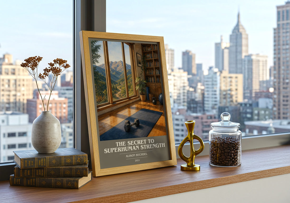 The Secret to Superhuman Strength book cover print framed by window – literary home decor
