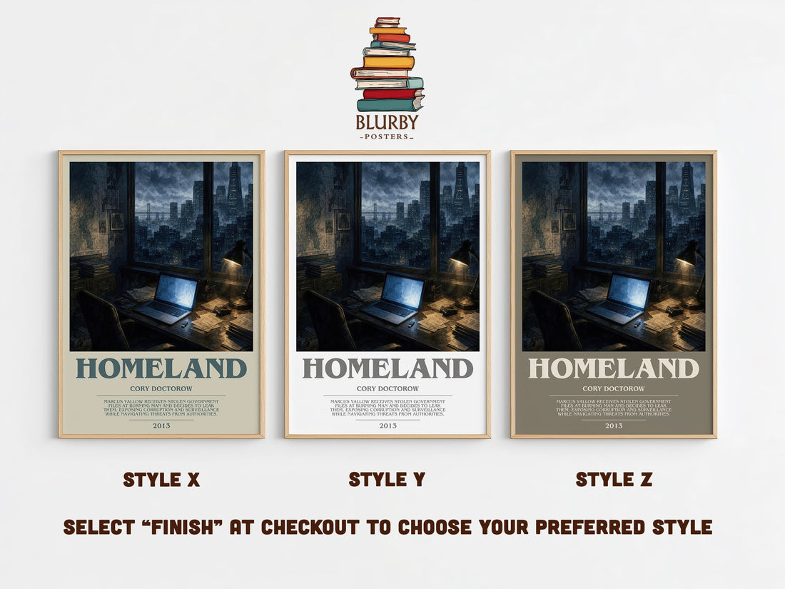 Homeland bookish print in frame leaning in hallway – dystopian wall art (mockup)