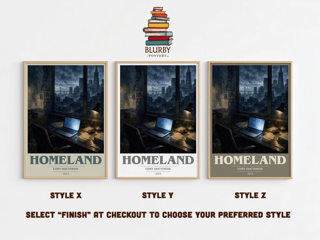 Homeland book cover print in frame leaning in hallway – dystopian wall art (mockup)
