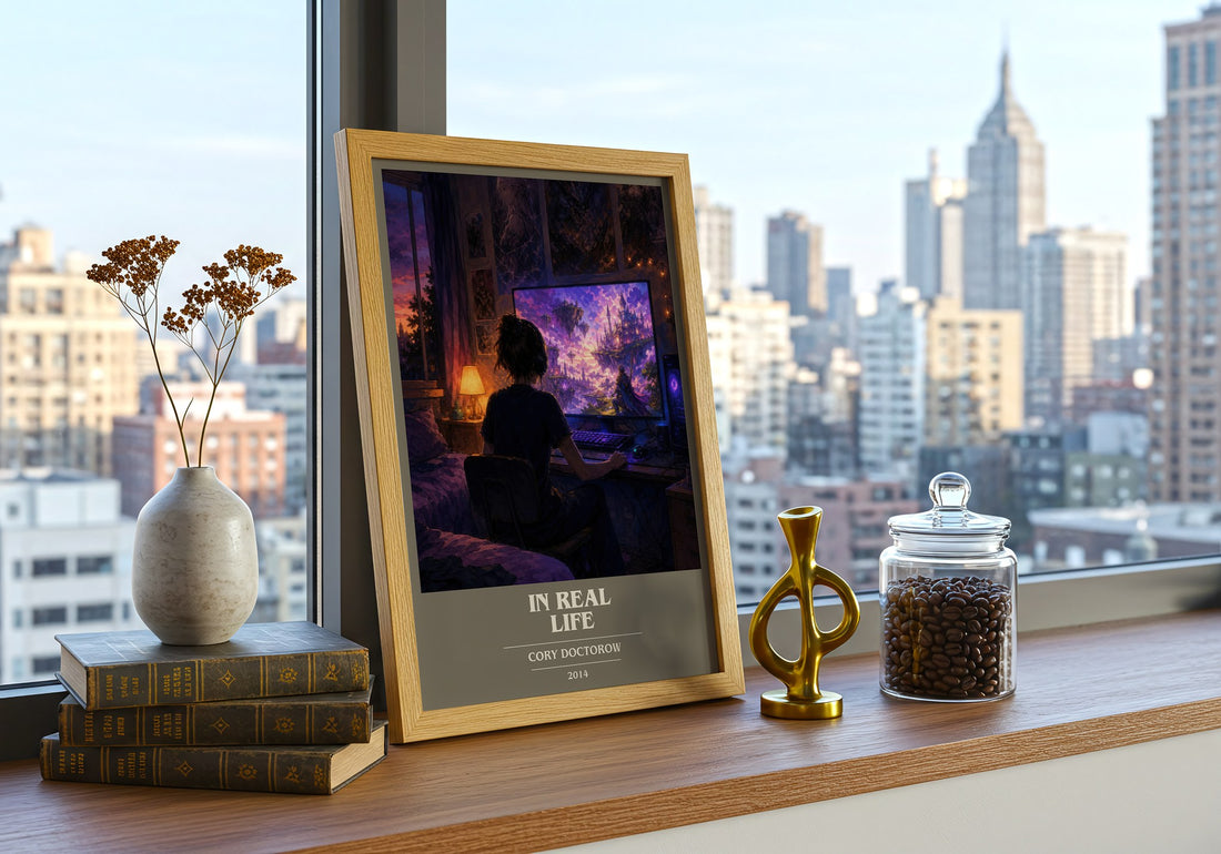In Real Life book cover print framed by window – literary home decor