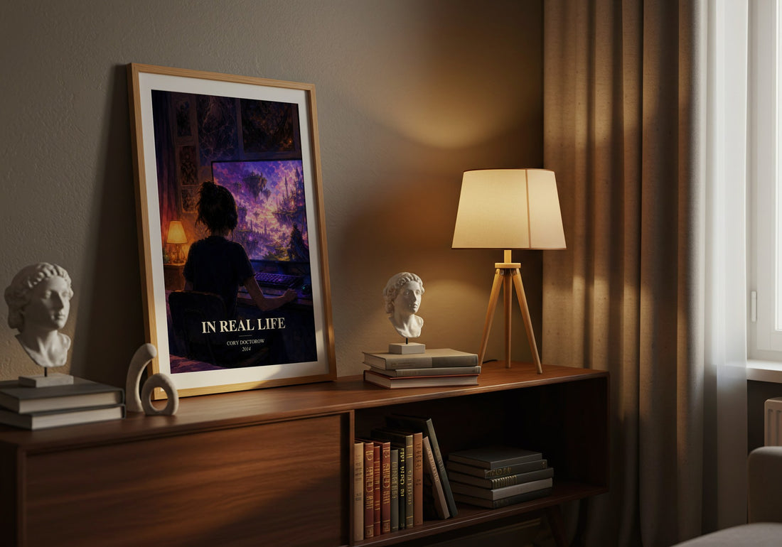 In Real Life watercolour print on bookshelf – Cory Doctorow fan gift