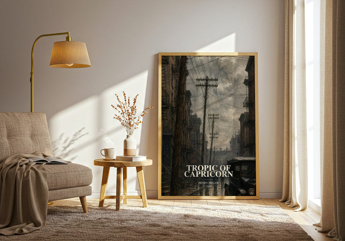 Tropic of Capricorn watercolour print in frame leaning in hallway – literary fiction wall art