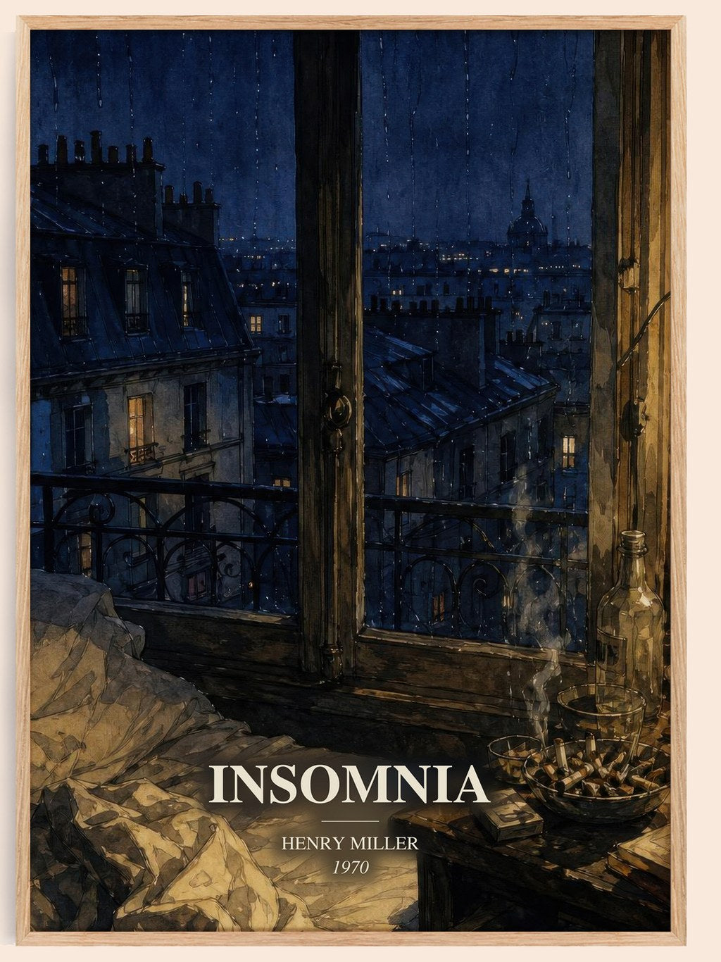 Insomnia watercolour book poster by Henry Miller – framed literary art print
