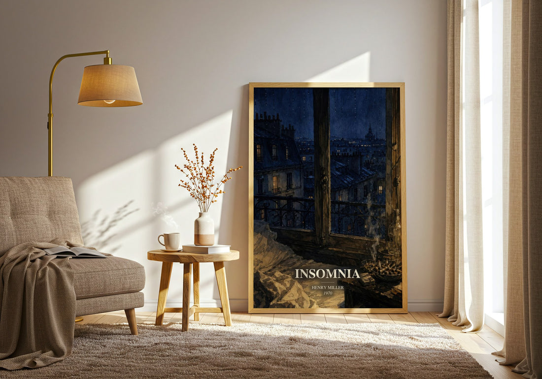 Insomnia watercolour print in frame leaning in hallway – memoir wall art