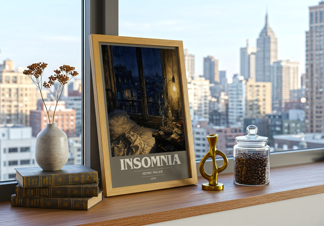 Insomnia book cover print framed by window – literary home decor
