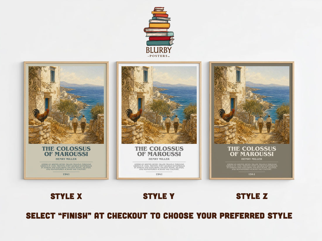 The Colossus of Maroussi bookish print in frame leaning in hallway – non fiction wall art (mockup)