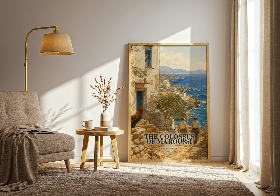 The Colossus of Maroussi watercolour print in frame leaning in hallway – non fiction wall art