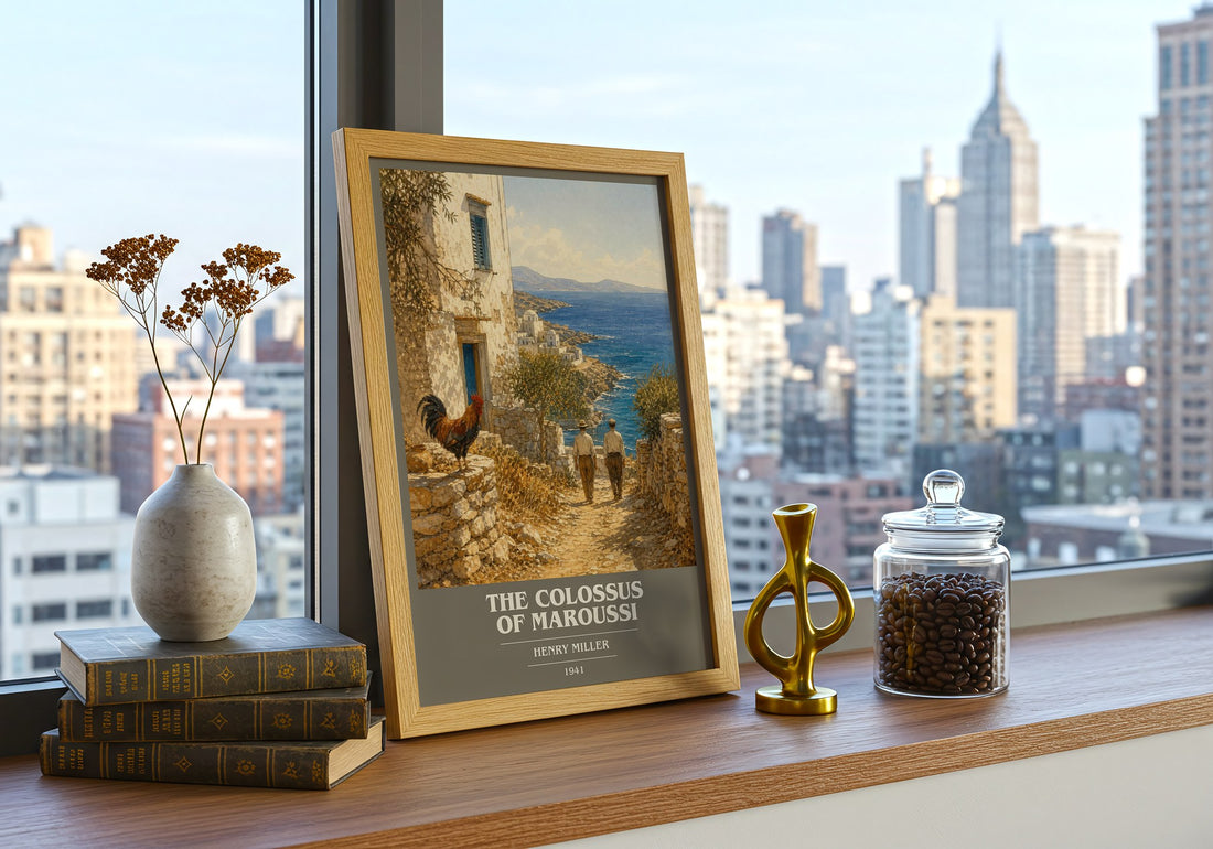 The Colossus of Maroussi book cover print framed by window – literary home decor
