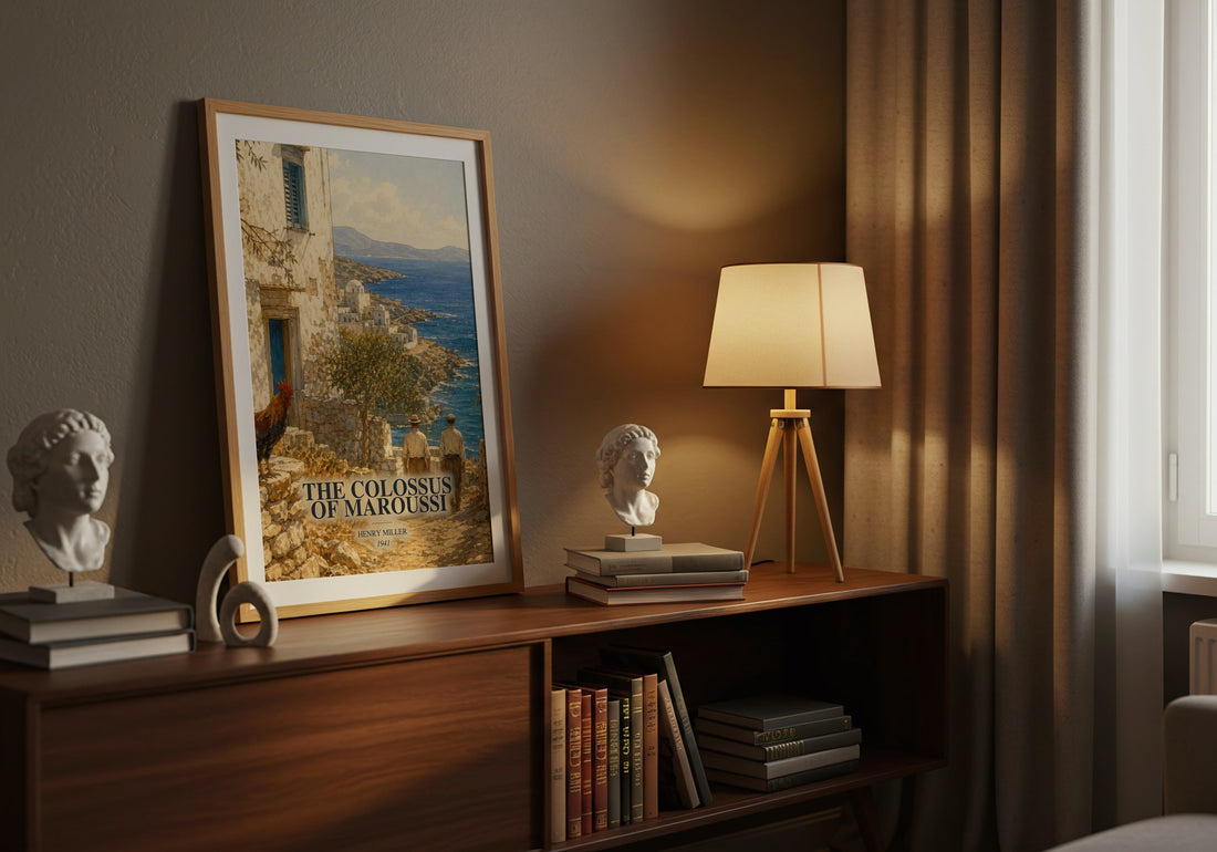 The Colossus of Maroussi watercolour print on bookshelf – Henry Miller fan gift