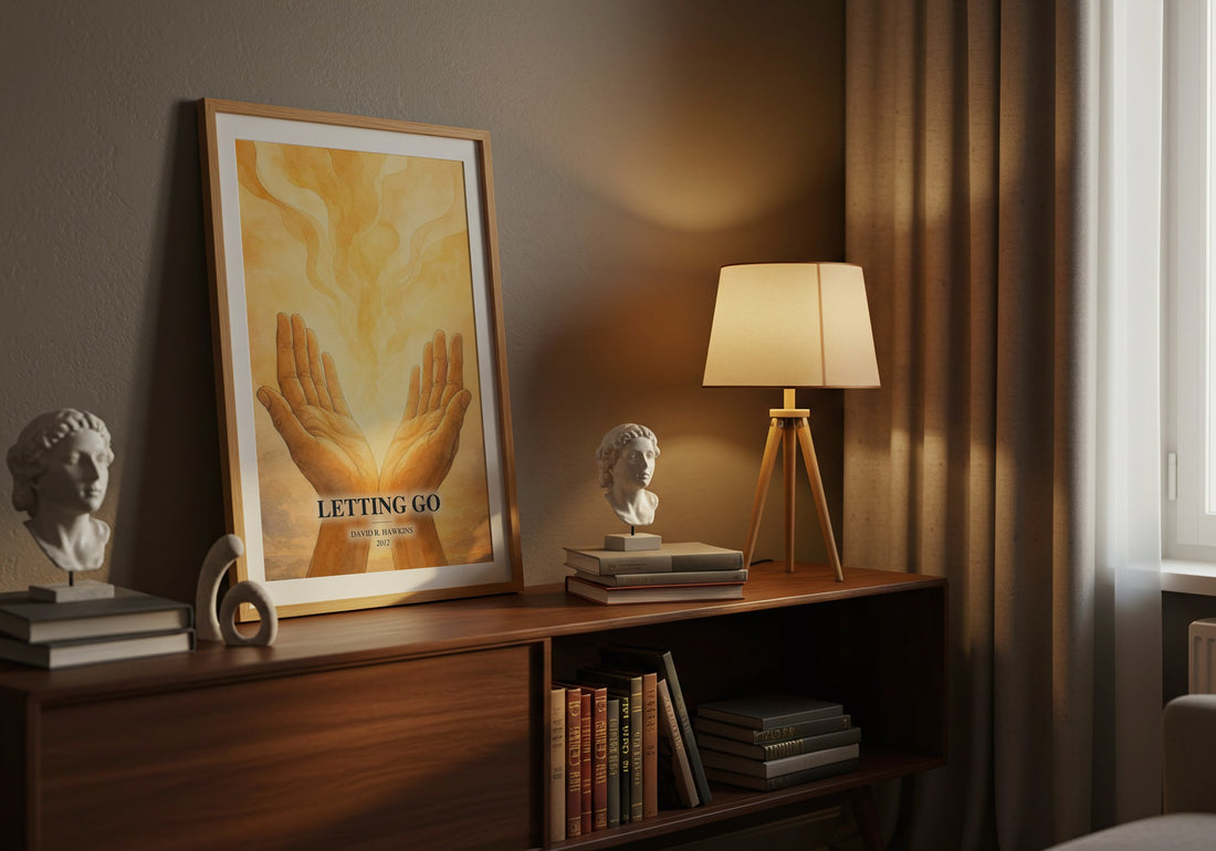 Letting go watercolour print on bookshelf – David R. Hawkins fan gift