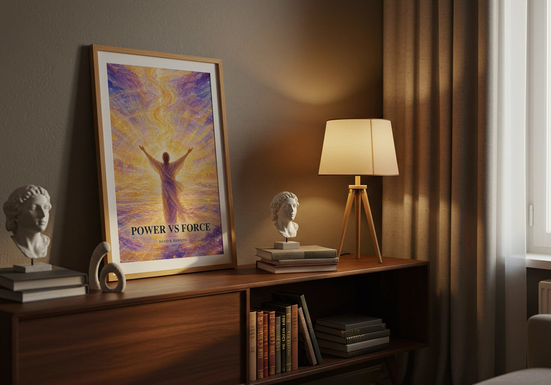 Power vs Force watercolour print on bookshelf – David R. Hawkins fan gift