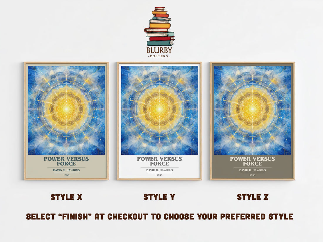 Power versus force book cover print in frame leaning in hallway – non fiction wall art (mockup)