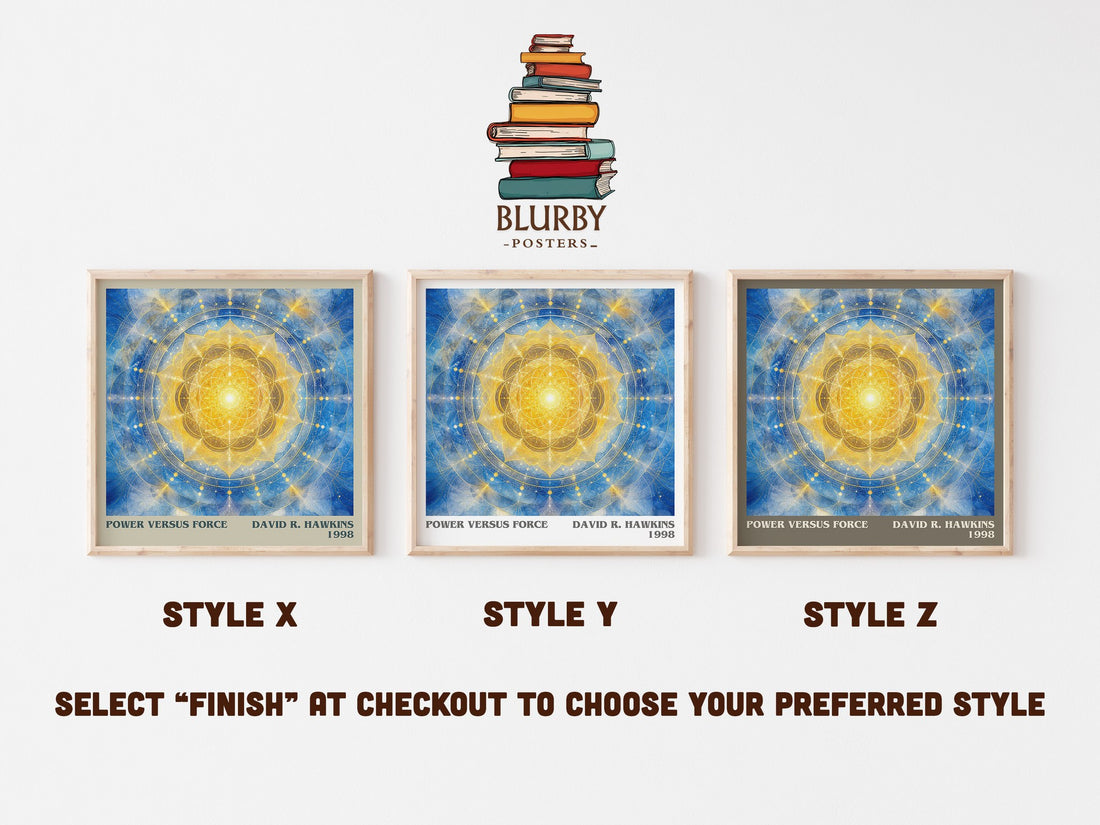 Power versus force literary print in frame leaning in hallway – non fiction wall art (mockup)