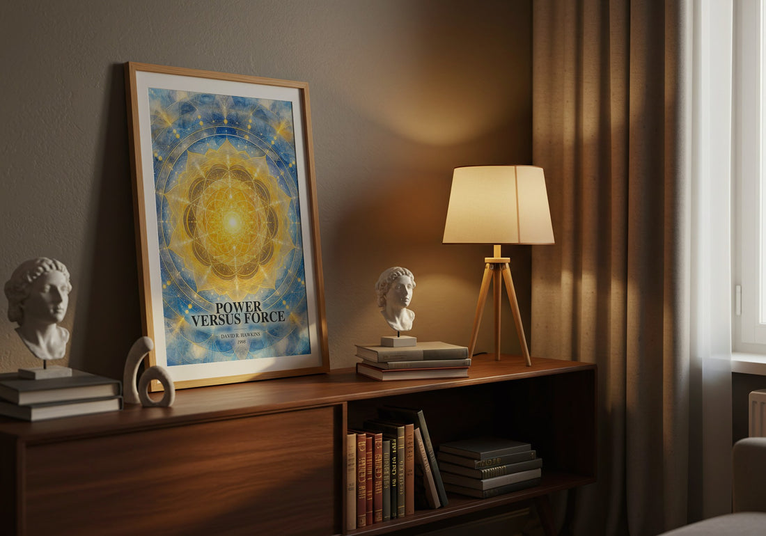 Power versus force watercolour print on bookshelf – David R. Hawkins fan gift