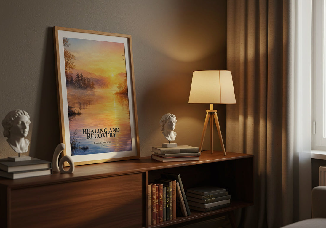 Healing and recovery watercolour print on bookshelf – David R. Hawkins fan gift