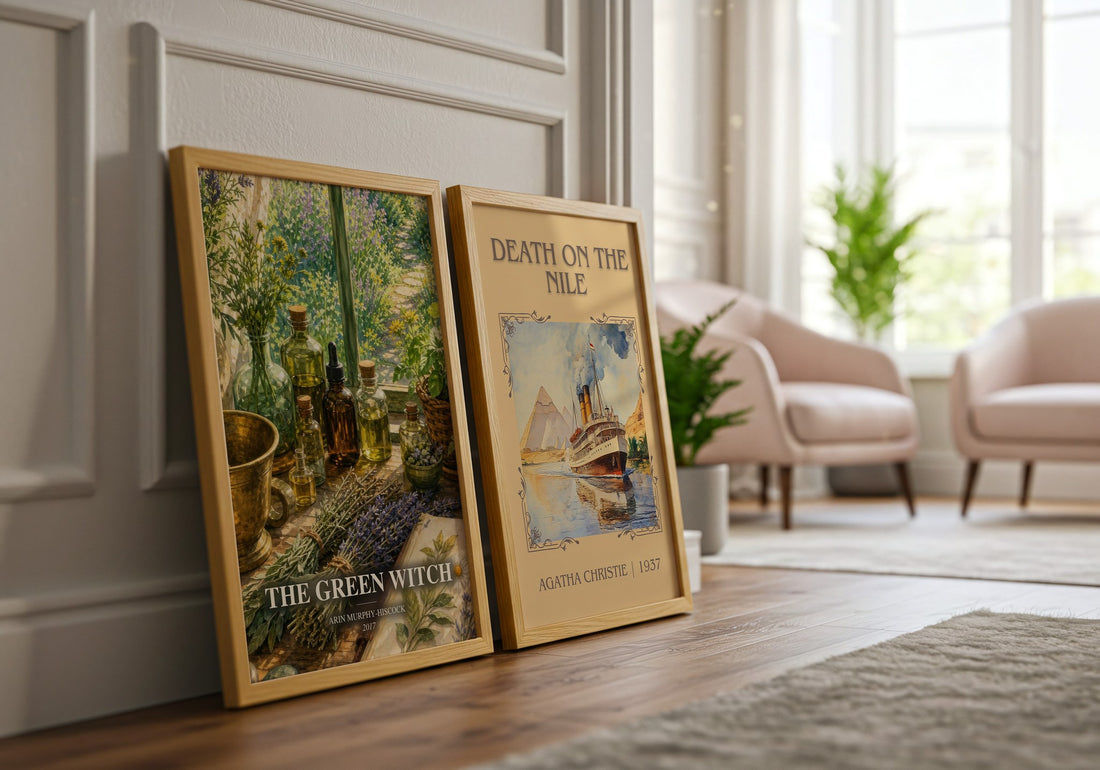 The Green Witch watercolour print framed by window – literary home decor
