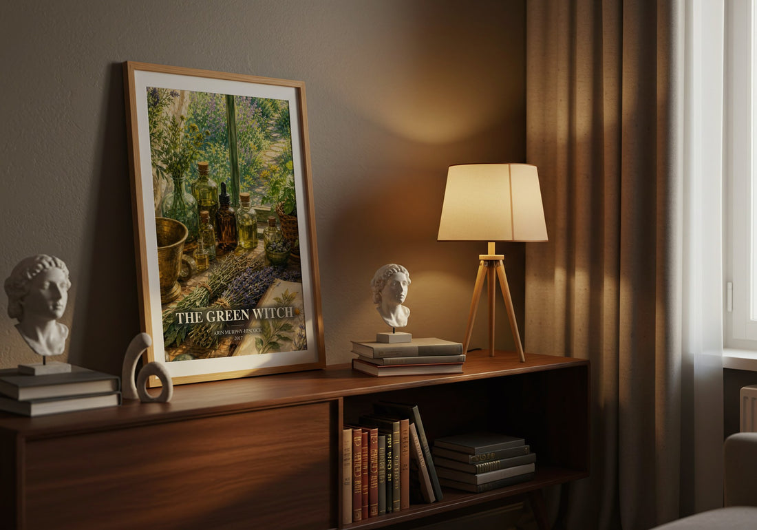 The Green Witch watercolour print on bookshelf – Arin Murphy-Hiscock fan gift