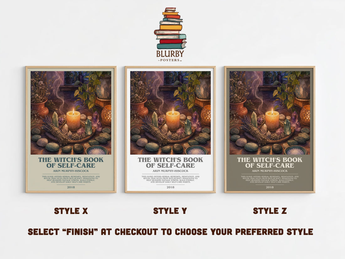 The Witch's Book of Self-Care bookish print in frame leaning in hallway – non fiction wall art (mockup)