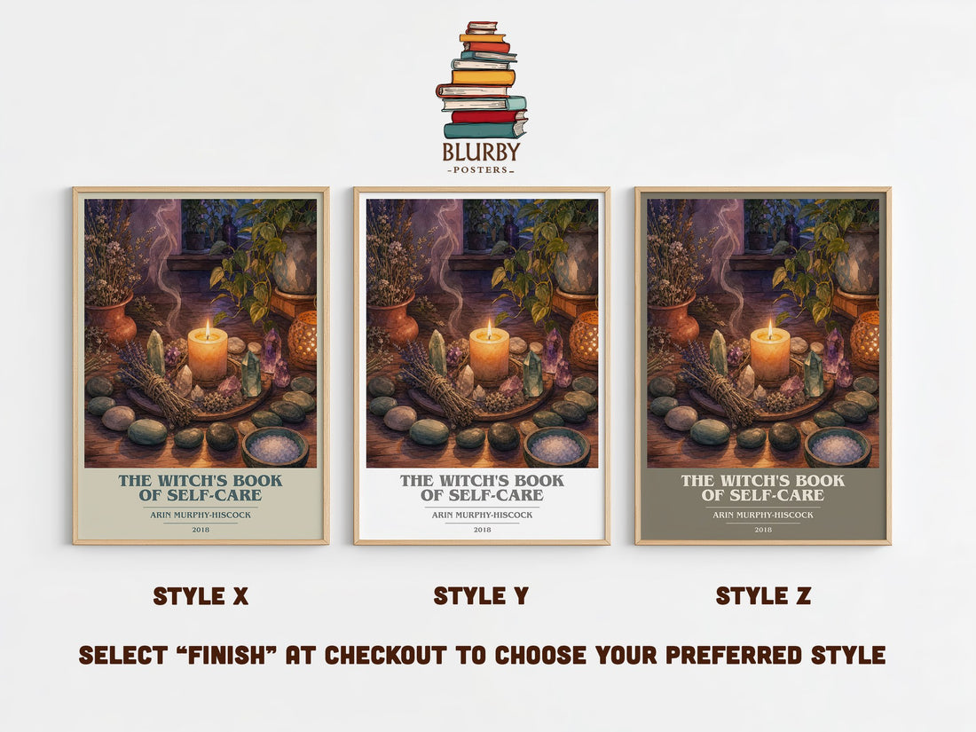 The Witch's Book of Self-Care book cover print in frame leaning in hallway – non fiction wall art (mockup)