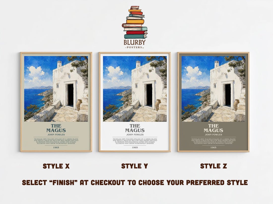 The Magus bookish print in frame leaning in hallway – literary fiction wall art (mockup)