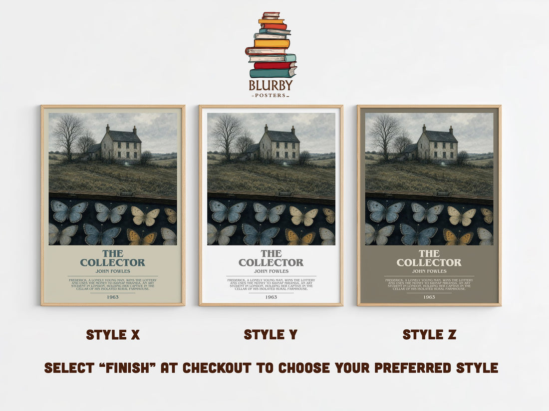 The Collector bookish print in frame leaning in hallway – thriller wall art (mockup)