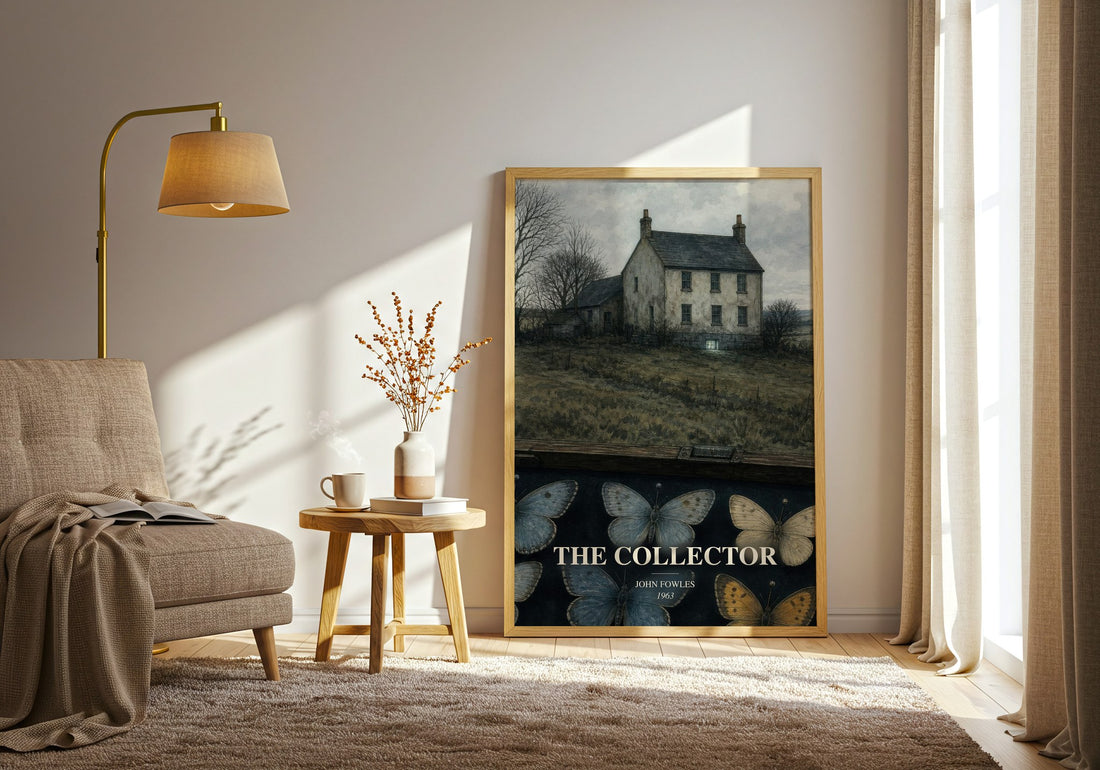 The Collector watercolour print in frame leaning in hallway – thriller wall art