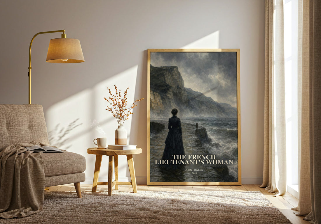 The French Lieutenant's Woman watercolour print in frame leaning in hallway – literary fiction wall art