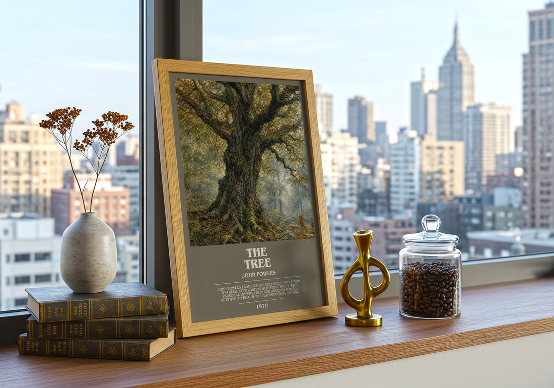 The tree bookish print framed by window – literary home decor