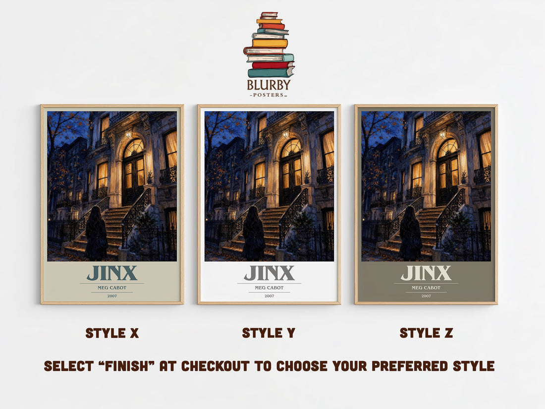 Jinx book cover print in frame leaning in hallway – young adult wall art (mockup)